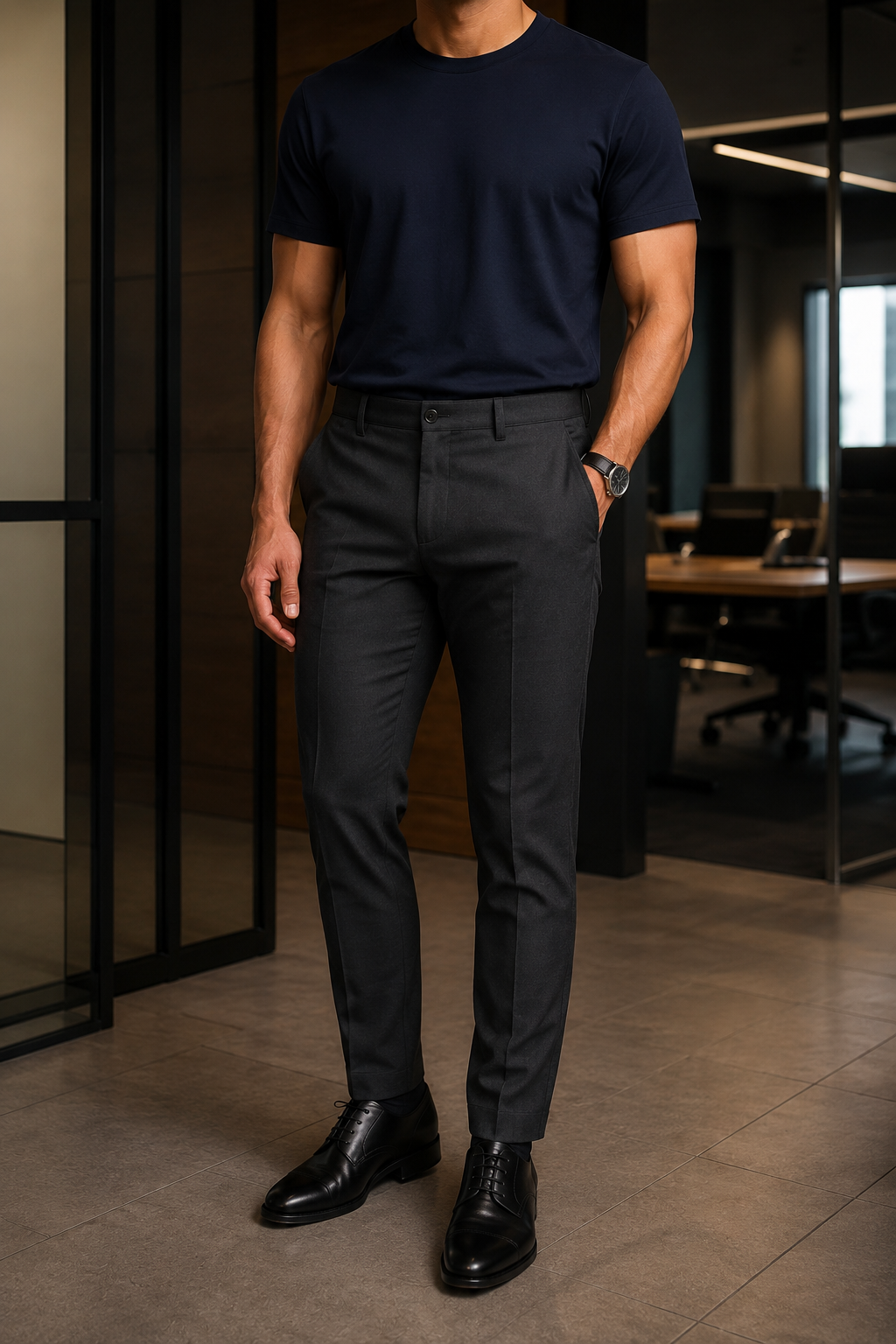 Look trabalho — Camiseta Offtag com calça e sapato