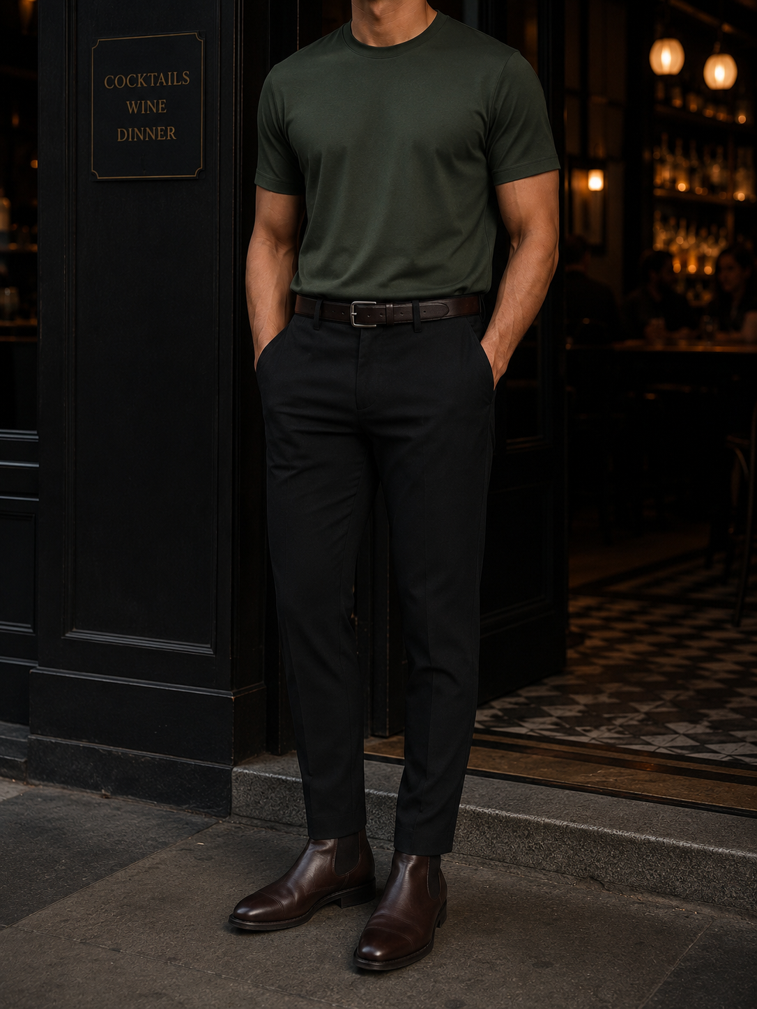 Look social — Camiseta Offtag com calça slim e cinto